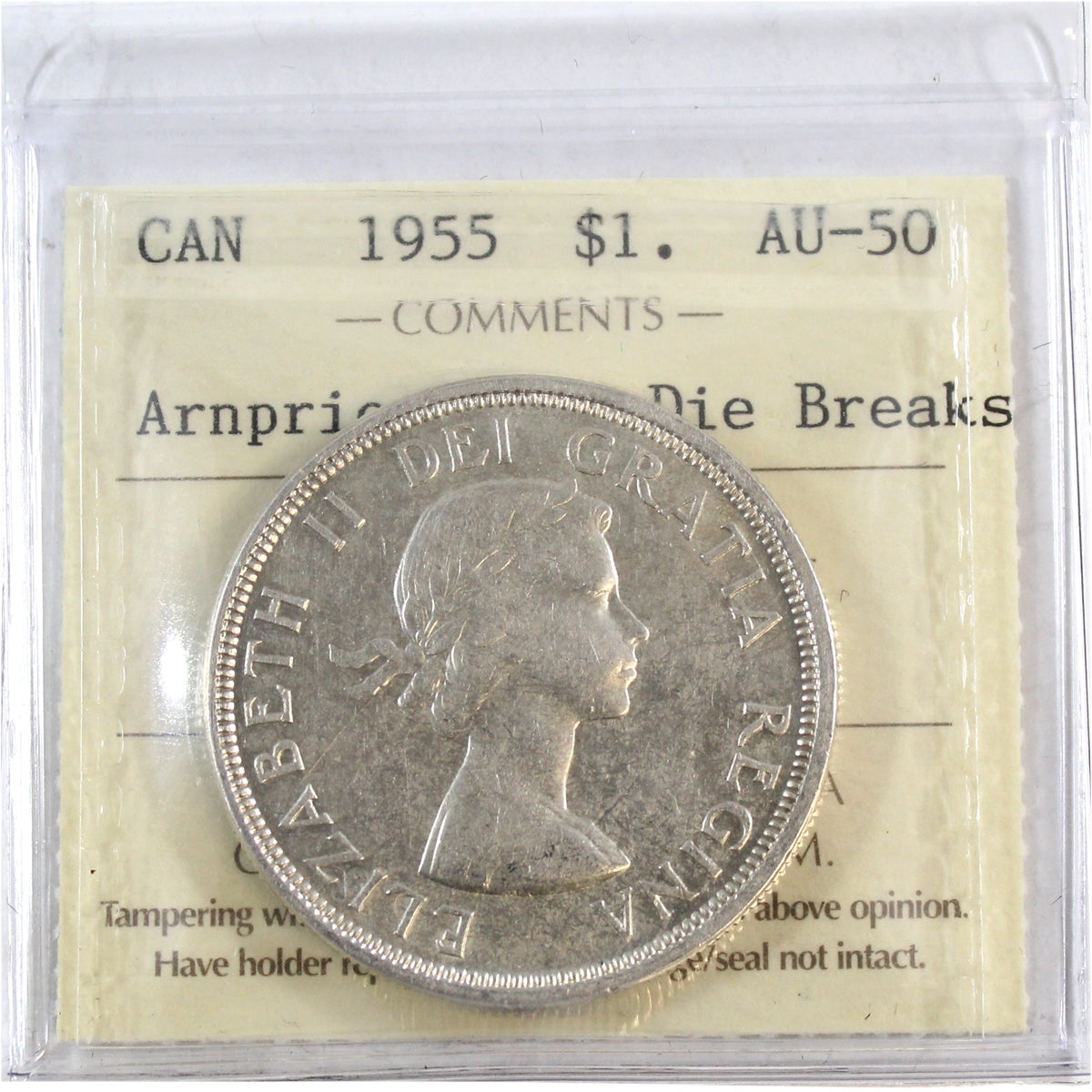 1955 Arnprior with Die Breaks Canada Dollar ICCS Certified AU50