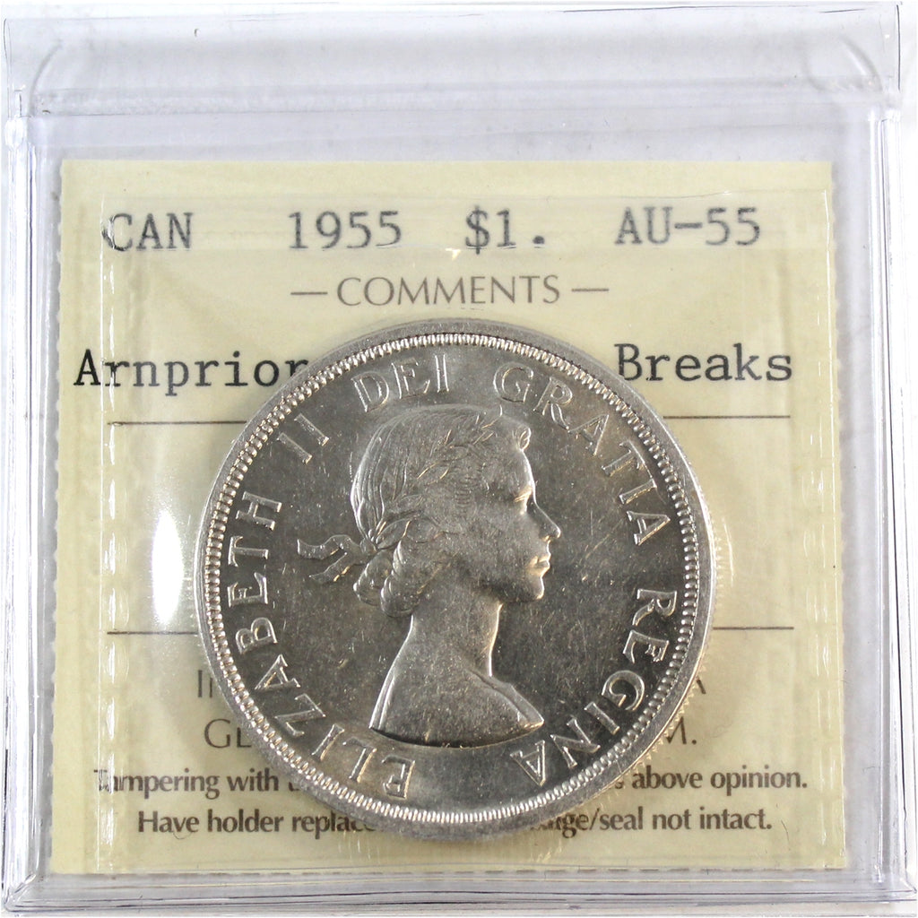 1955 Arnprior with Die Breaks Canada Dollar ICCS Certified AU55