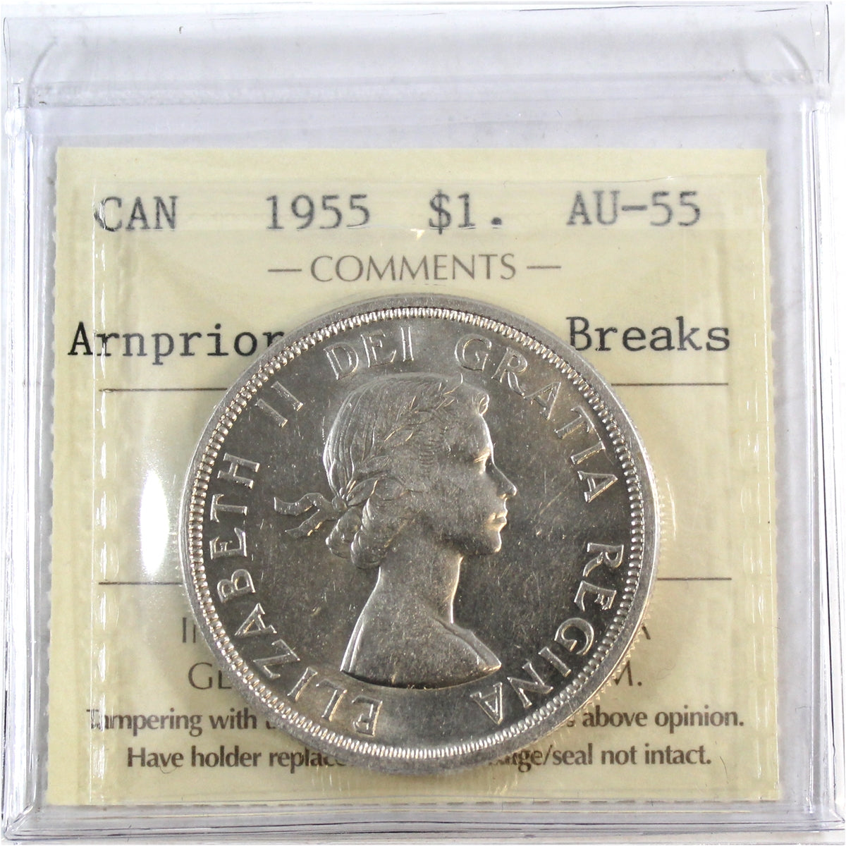 1955 Arnprior with Die Breaks Canada Dollar ICCS Certified AU55