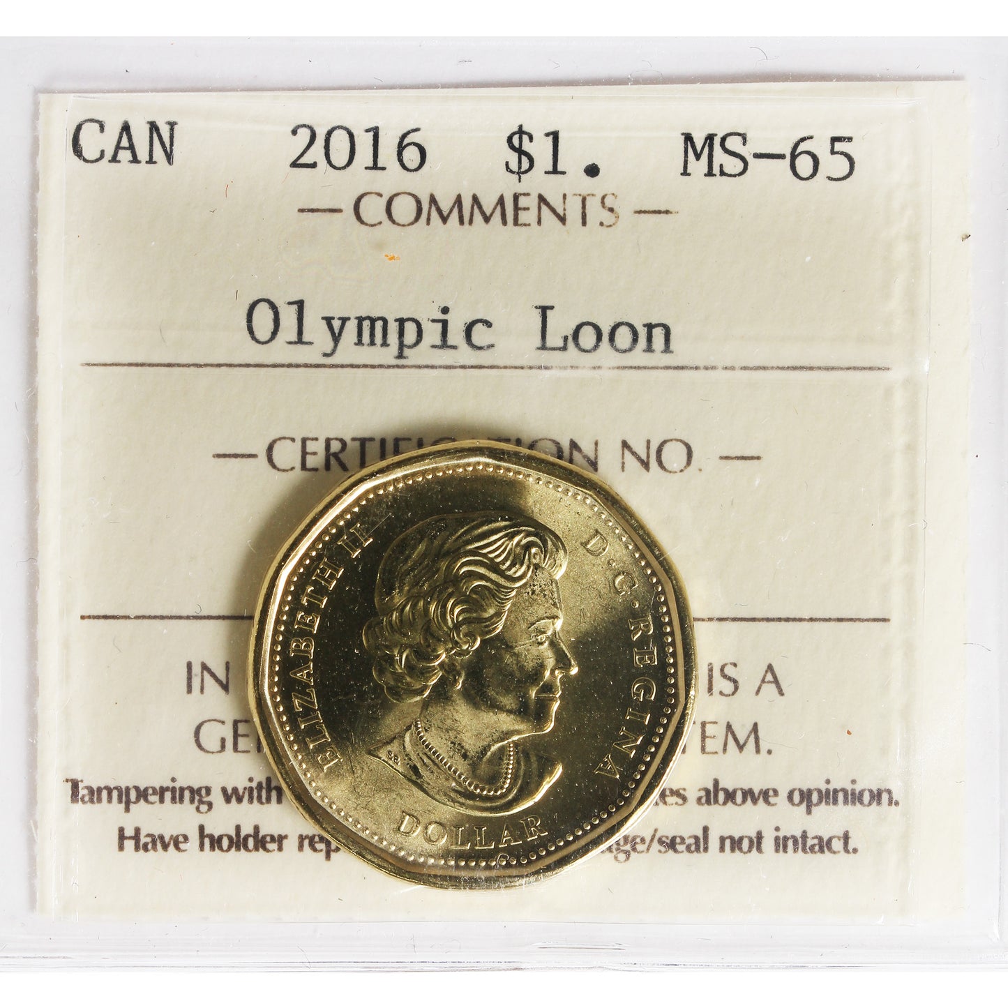 2016 Canada Olympic Loon Dollar ICCS Certified MS65