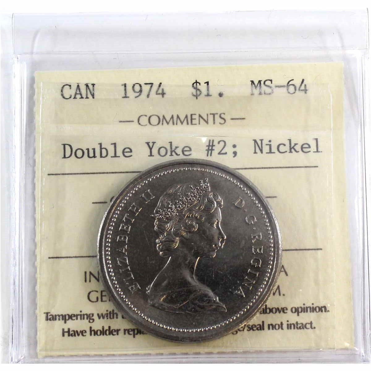 1974 Double Yoke #2 Canada Nickel Dollar ICCS Certified MS64