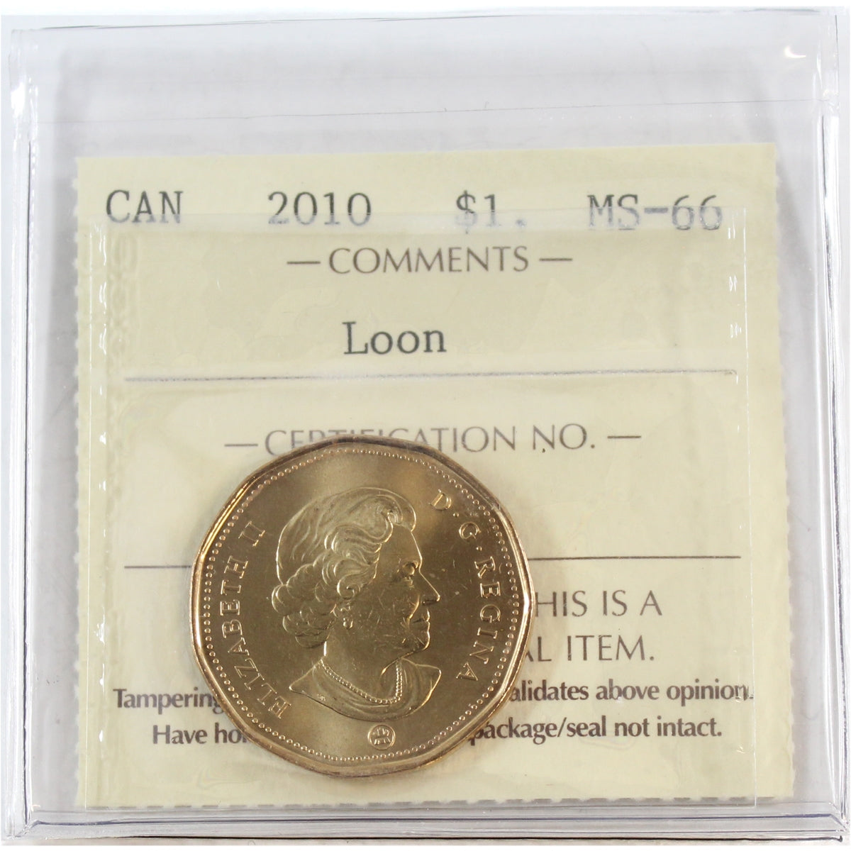 2010 Canada Loon Dollar ICCS Certified MS66 (Small Beads Variety)