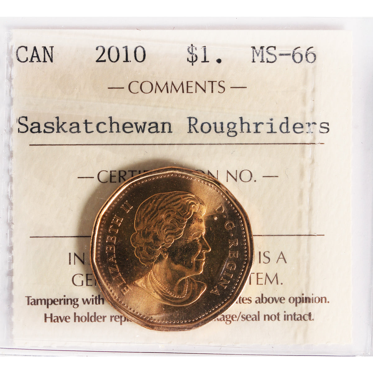 2010 Saskatchewan Roughriders Canada Dollar ICCS Certified MS66
