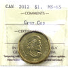 2012 Grey Cup Canada Loon Dollar ICCS Certified MS65