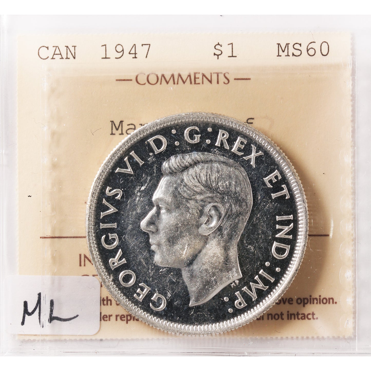 1947 Maple Leaf Canada Dollar ICCS Certified MS60