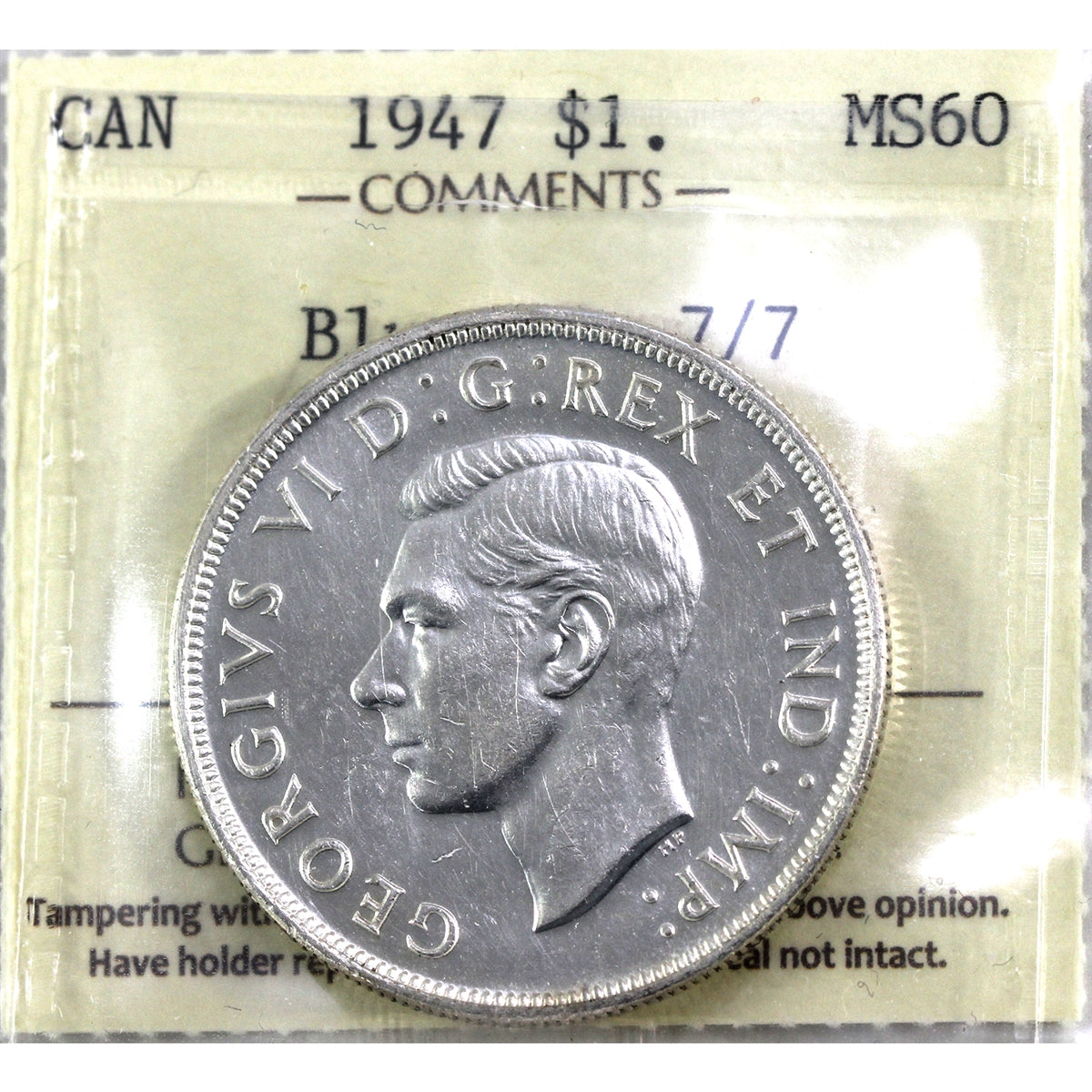 1947 Blunt 7, 7/7 Canada Dollar ICCS Certified MS60