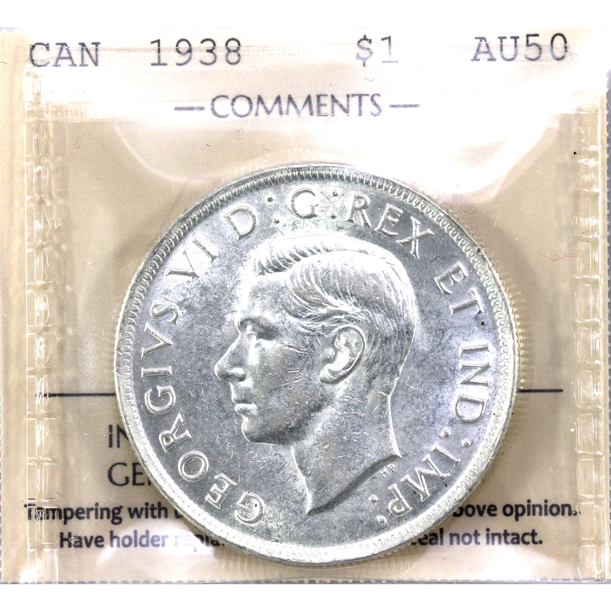 1938 Canada Dollar ICCS Certified AU50