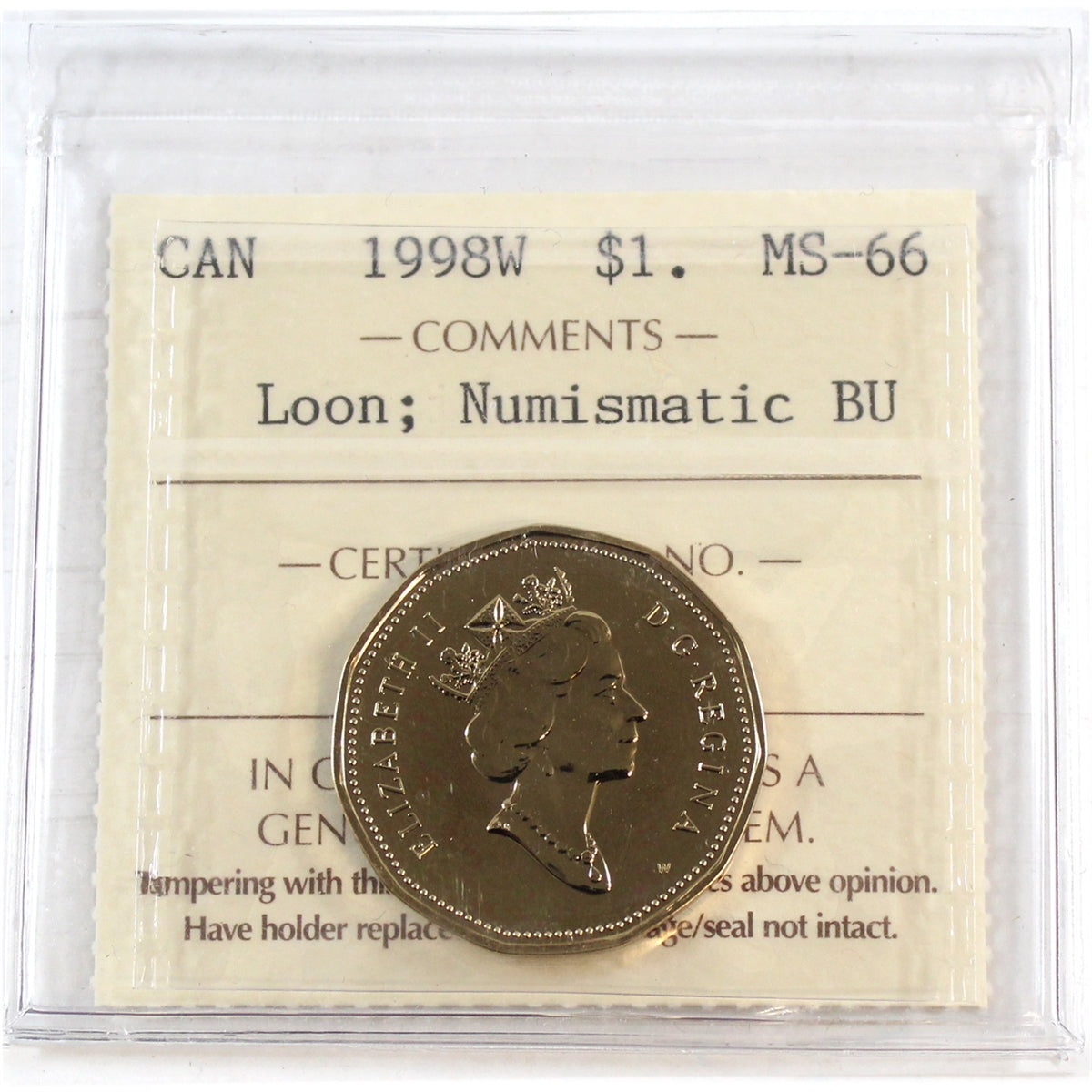 1998W Canada Loon Dollar ICCS Certified MS66  NBU