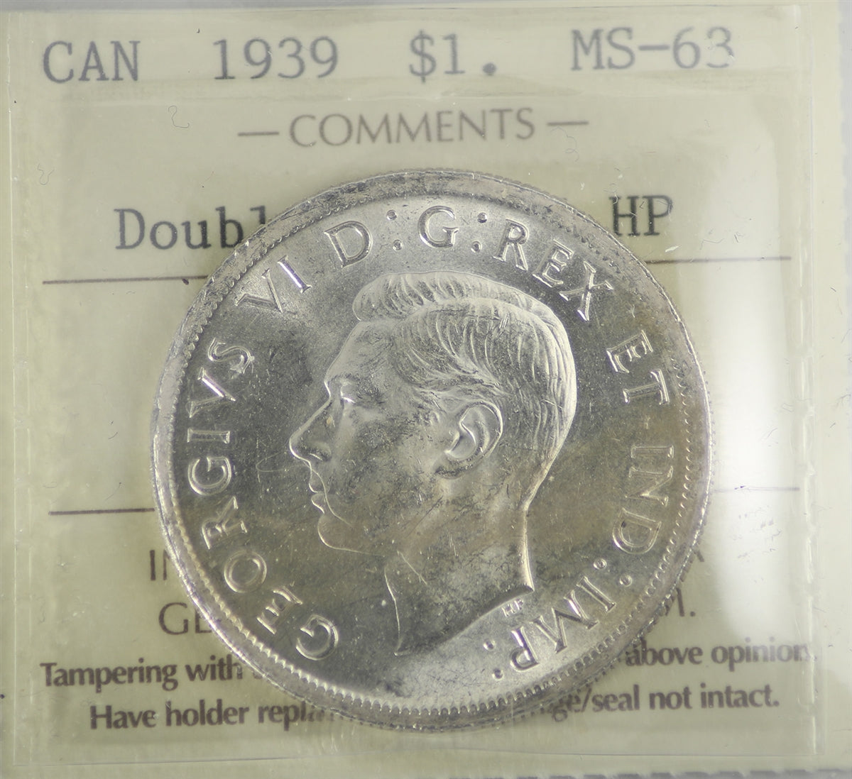 1939 Double Punched HP Canada Dollar ICCS Certified MS63