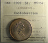 1992 Canada Confederation (Parliament) Loon Dollar ICCS Certified MS64