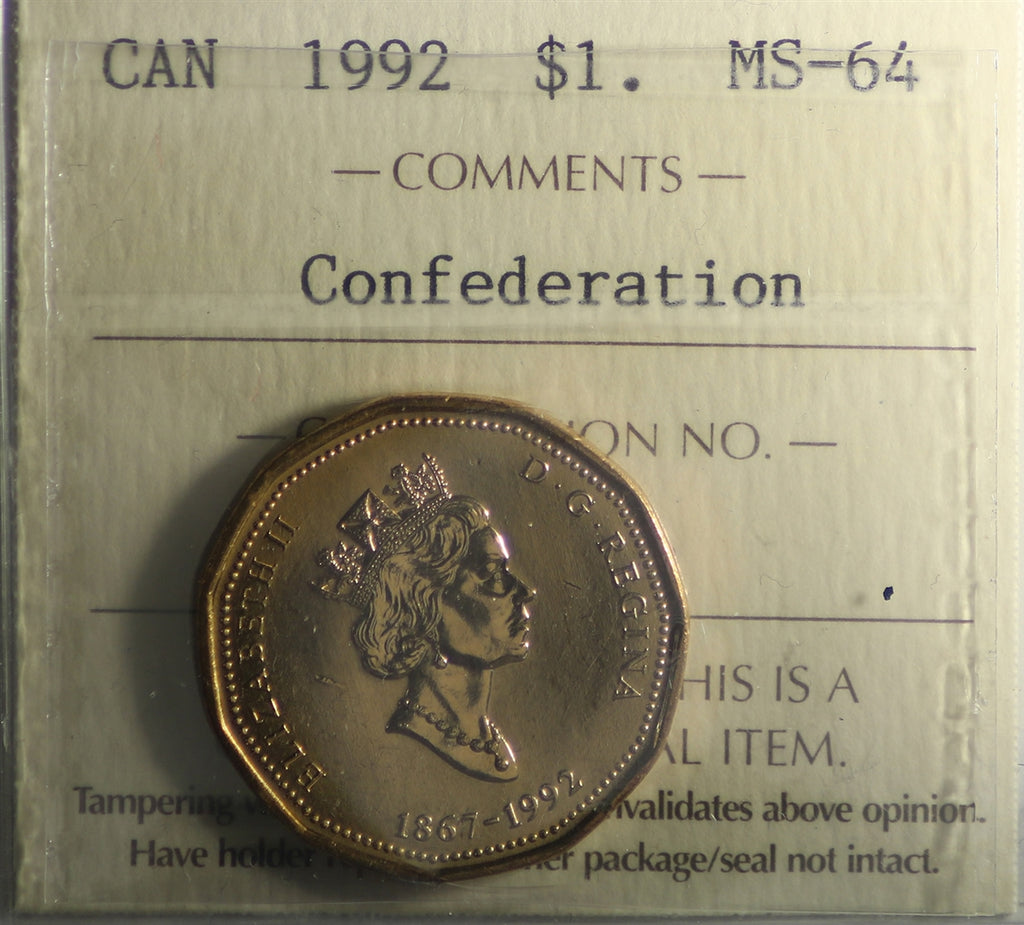 1992 Canada Confederation (Parliament) Loon Dollar ICCS Certified MS64