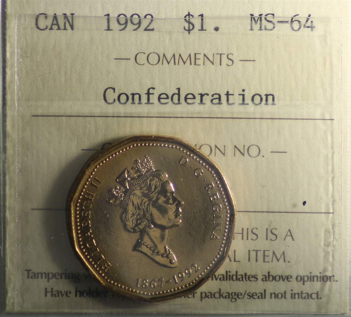 1992 Canada Confederation (Parliament) Loon Dollar ICCS Certified MS64
