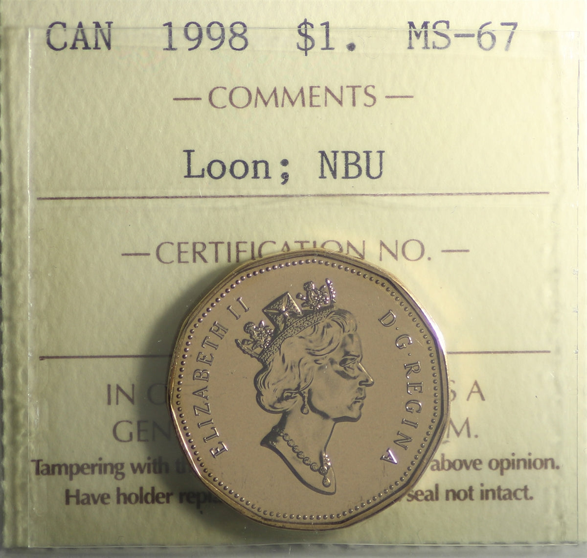 1998 Canada Loon Dollar ICCS Certified MS67 NBU