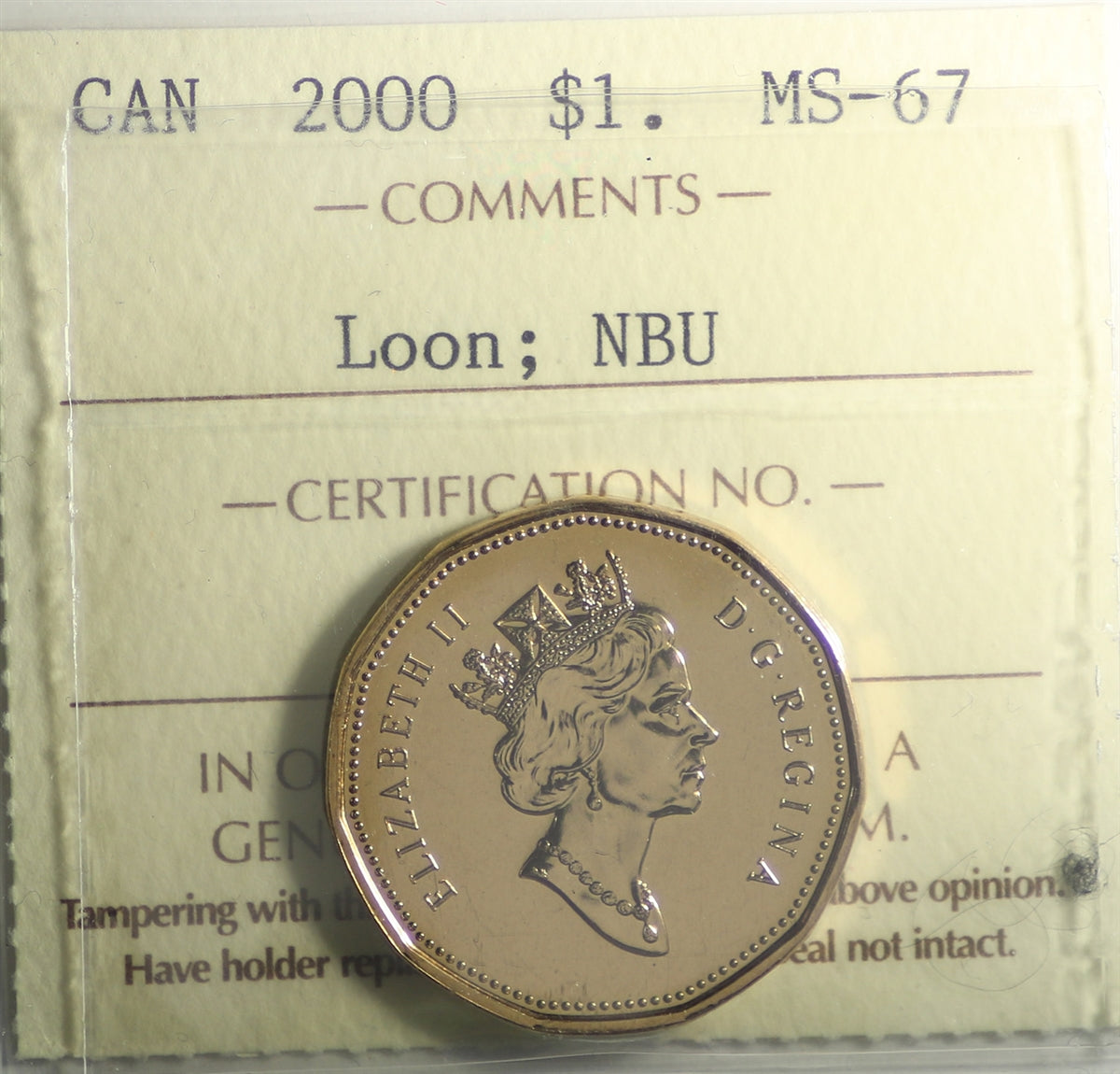 2000 Canada Loon Dollar ICCS Certified MS67 NBU