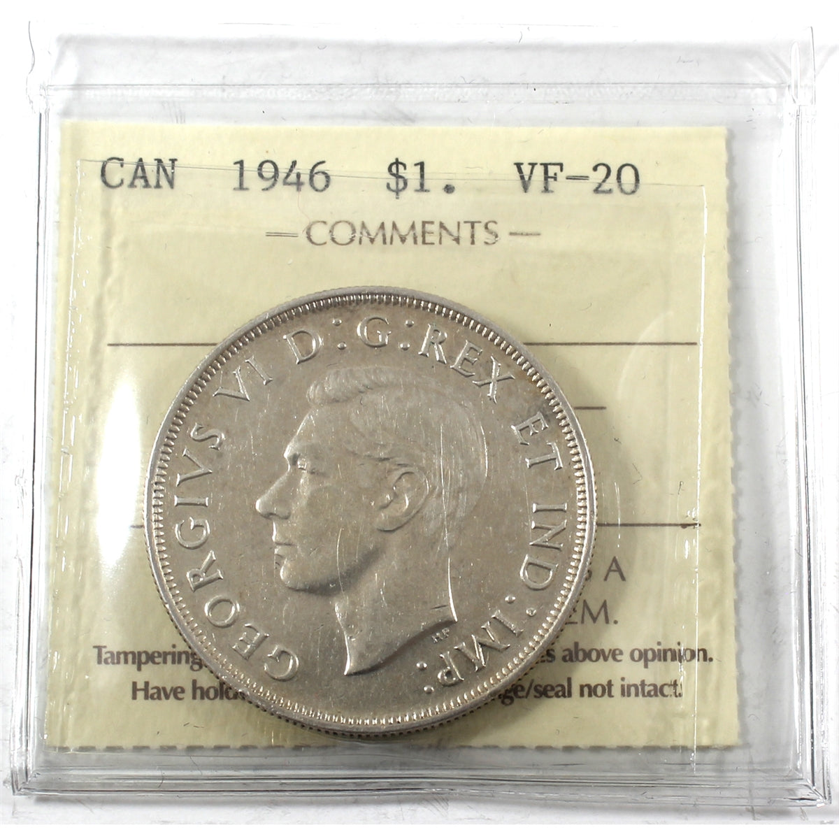1946 Canada Dollar ICCS Certified VF20