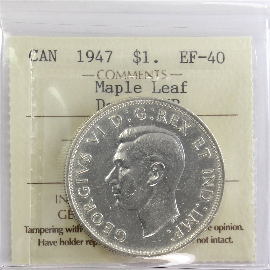 1947 Maple Leaf; Double HP Canada Dollar ICCS Certified EF40