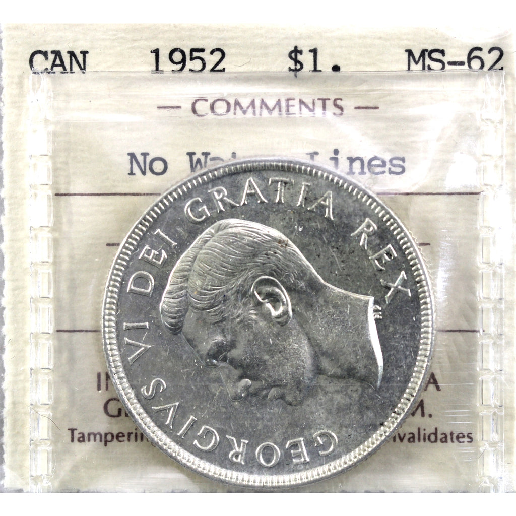1952 No Water Lines Canada Dollar ICCS Certified MS62