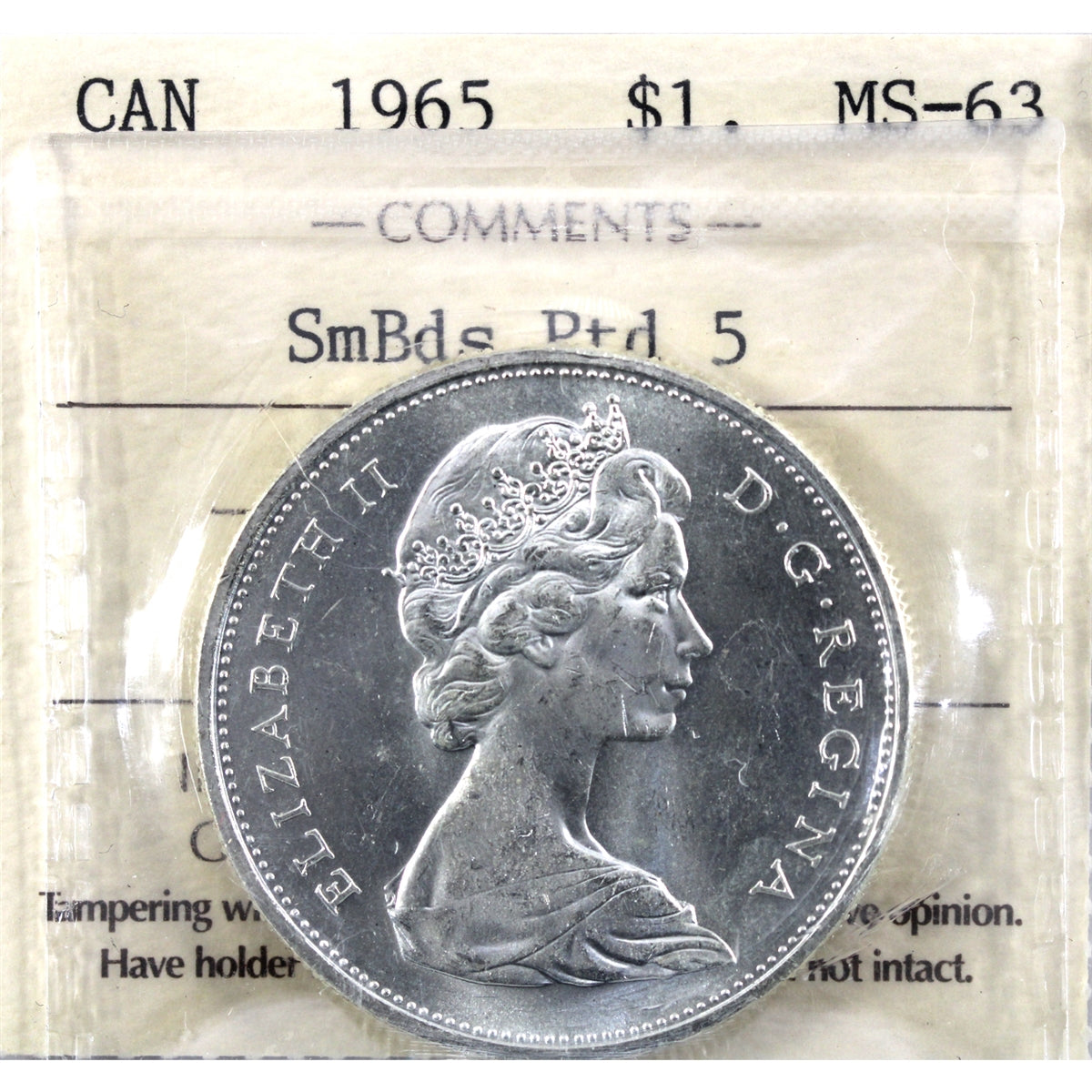 1965 Small Beads Ptd. 5 (Type 1) Canada Dollar ICCS Certified MS63