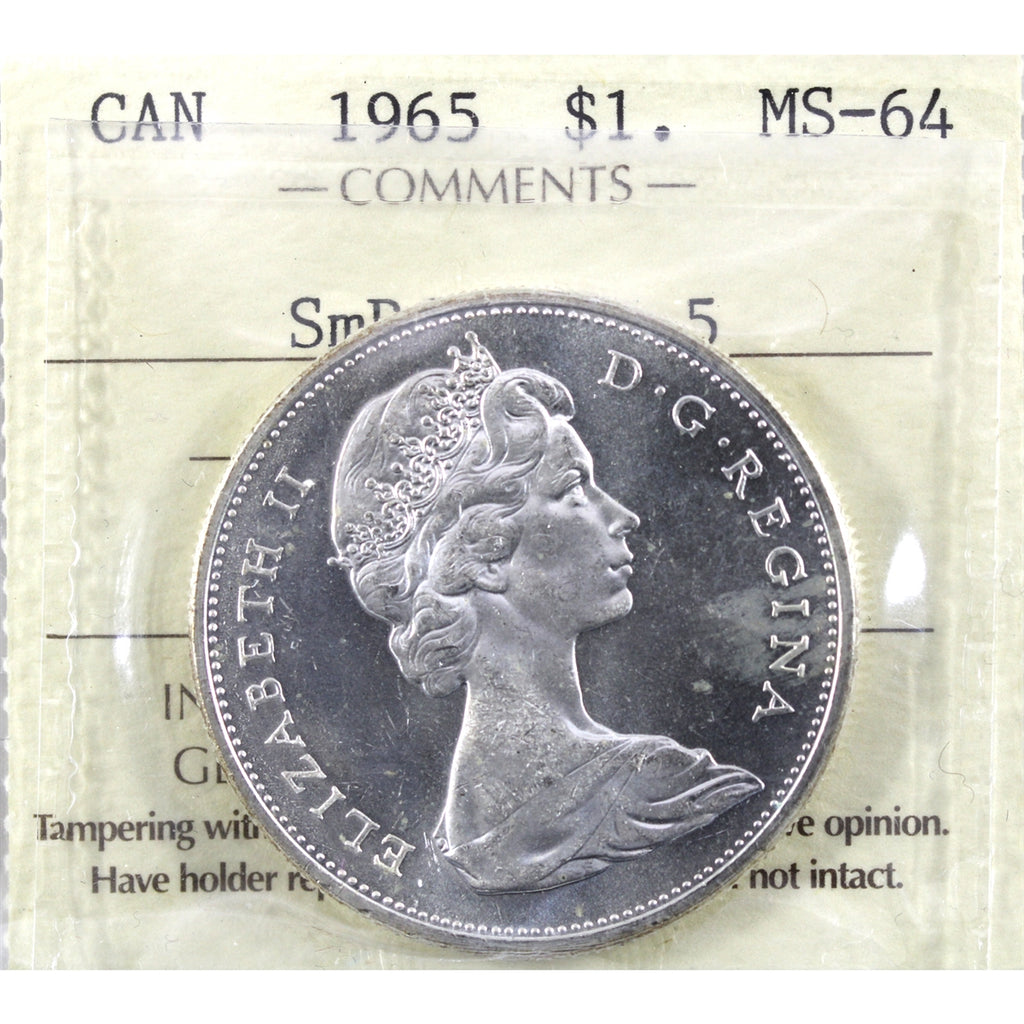 1965 Small Beads Blunt 5 (Type 2) Canada Dollar ICCS Certified MS64