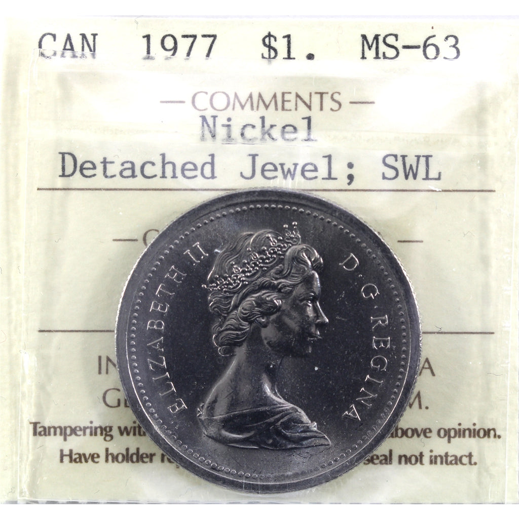 1977 Var. 3 Det. Jewel; SWL Canada Nickel Dollar ICCS Certified MS63