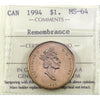 1994 Remembrance Canada Dollar ICCS Certified MS64