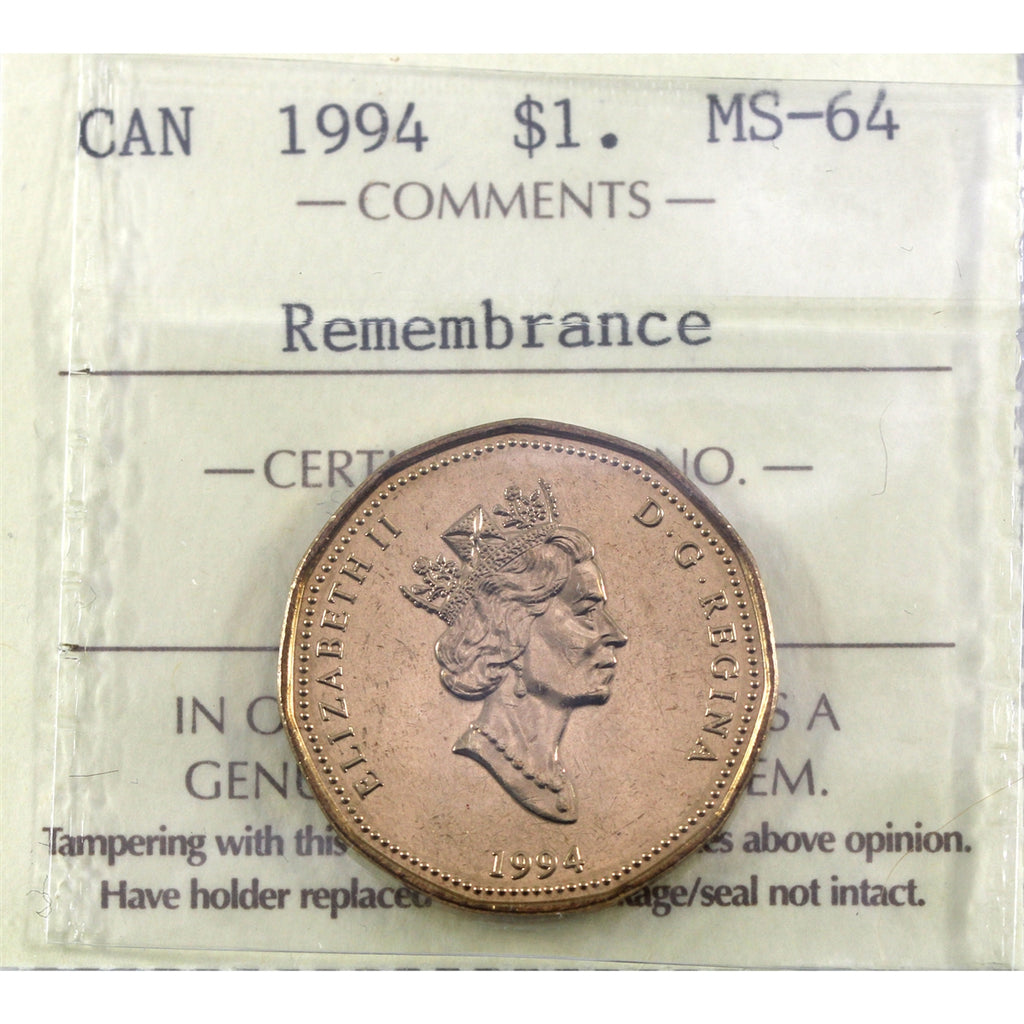 1994 Remembrance Canada Dollar ICCS Certified MS64
