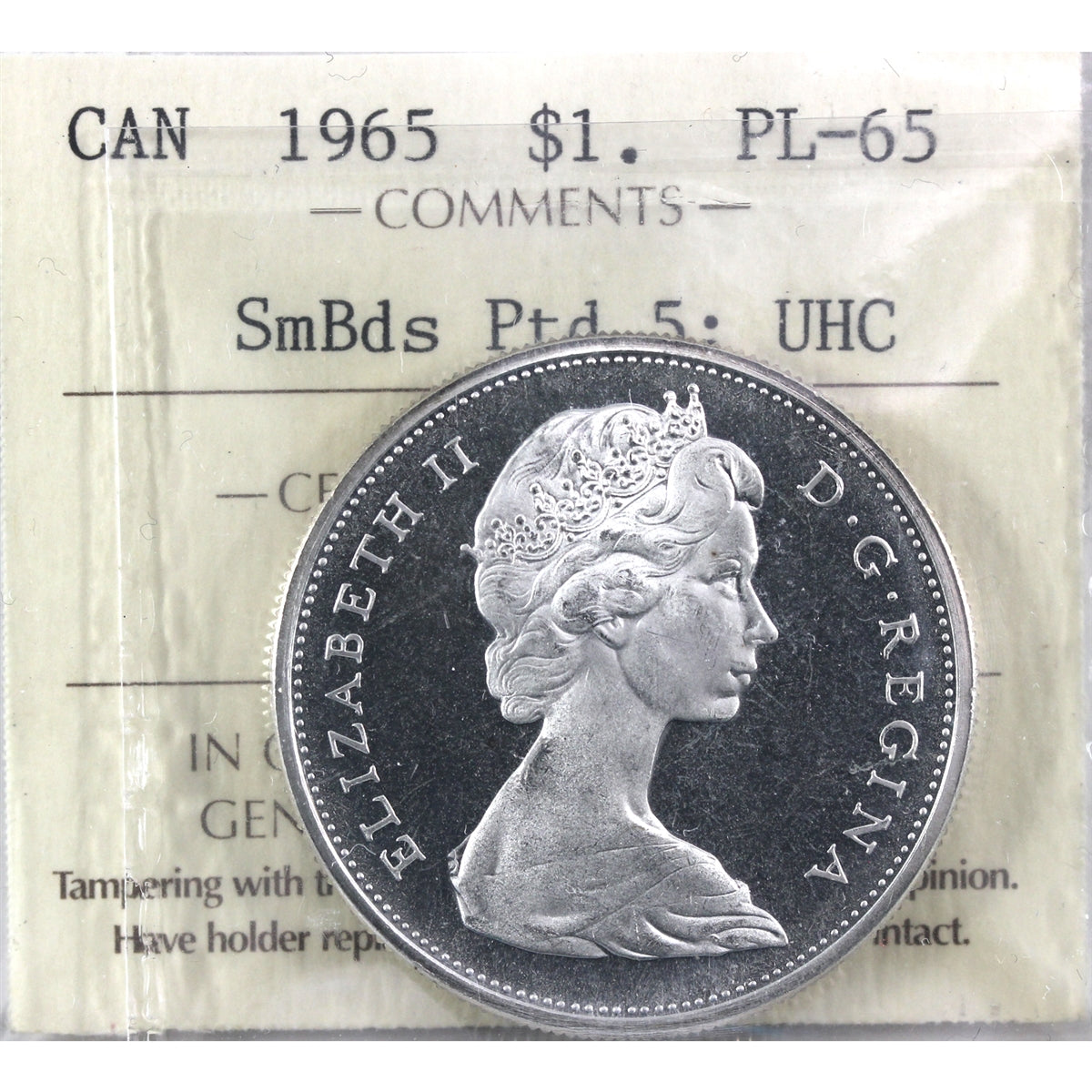 1965 Small Beads Ptd. 5 (Type 1) Canada Dollar ICCS PL65 Ultra Heavy Cameo
