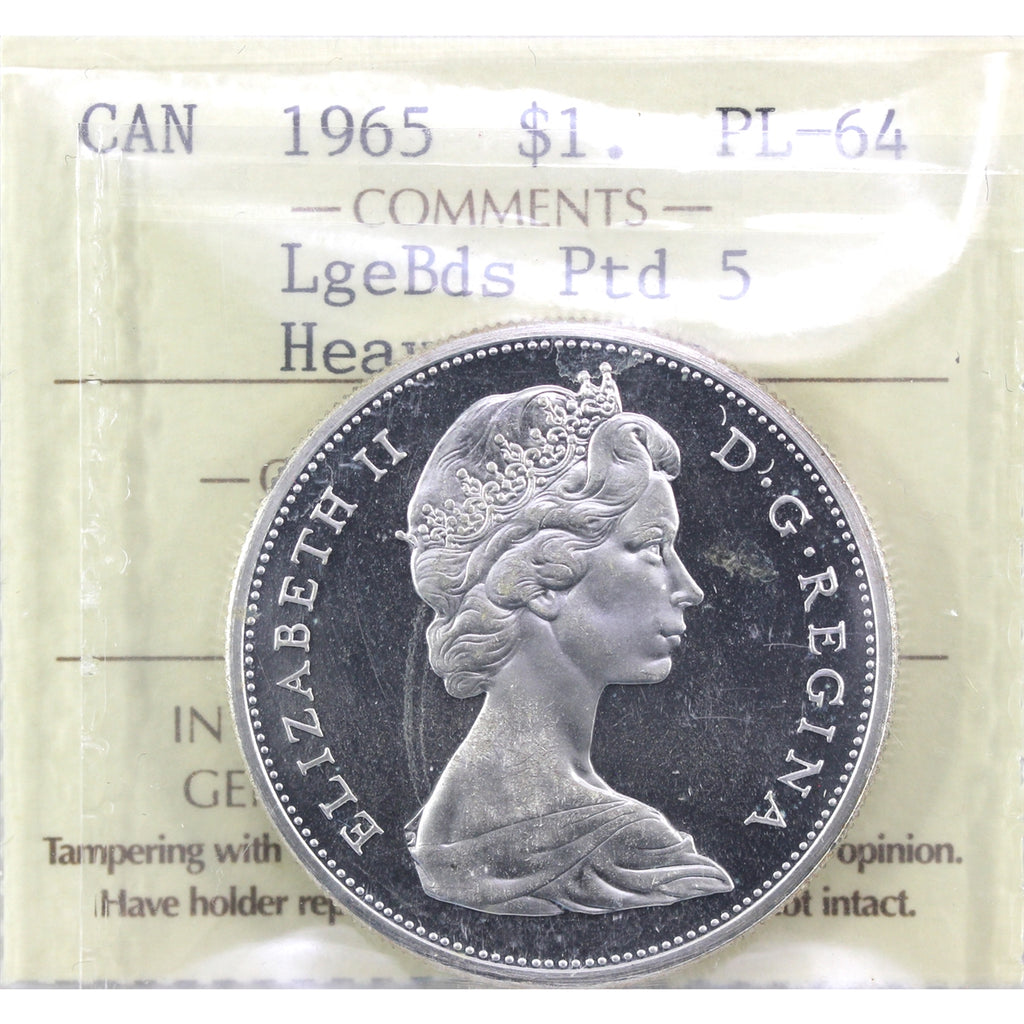 1965 Large Beads Ptd. 5 (Type 4) Canada Dollar ICCS Certified PL64 Heavy Cameo