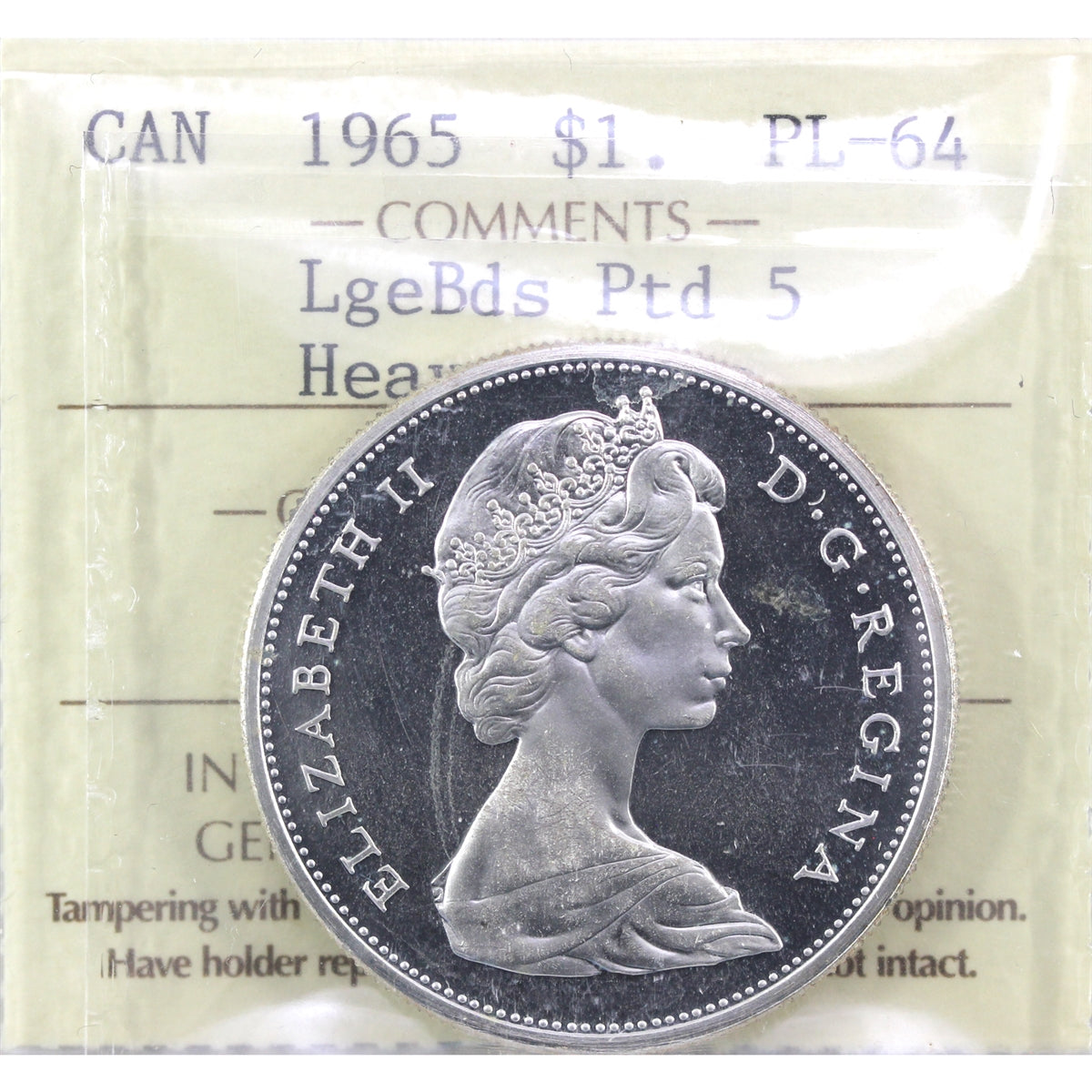 1965 Large Beads Ptd. 5 (Type 4) Canada Dollar ICCS Certified PL64 Heavy Cameo