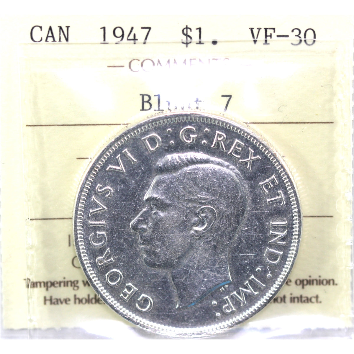 1947 Blunt 7 Canada Dollar ICCS Certified VF30