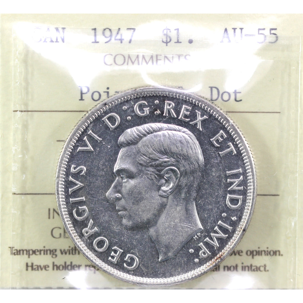1947 Pointed 7; Dot Canada Dollar ICCS Certified AU55 (XUV 354)