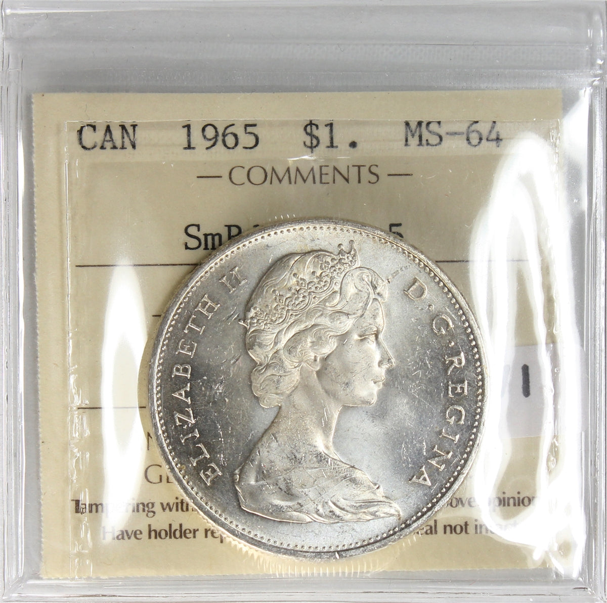 1965 Small Beads Ptd. 5 (Type 1) Canada Dollar ICCS Certified MS64