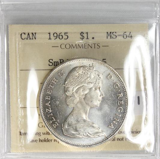 1965 Small Beads Ptd. 5 (Type 1) Canada Dollar ICCS Certified MS64
