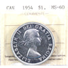 1954 Canada Dollar ICCS Certified MS60