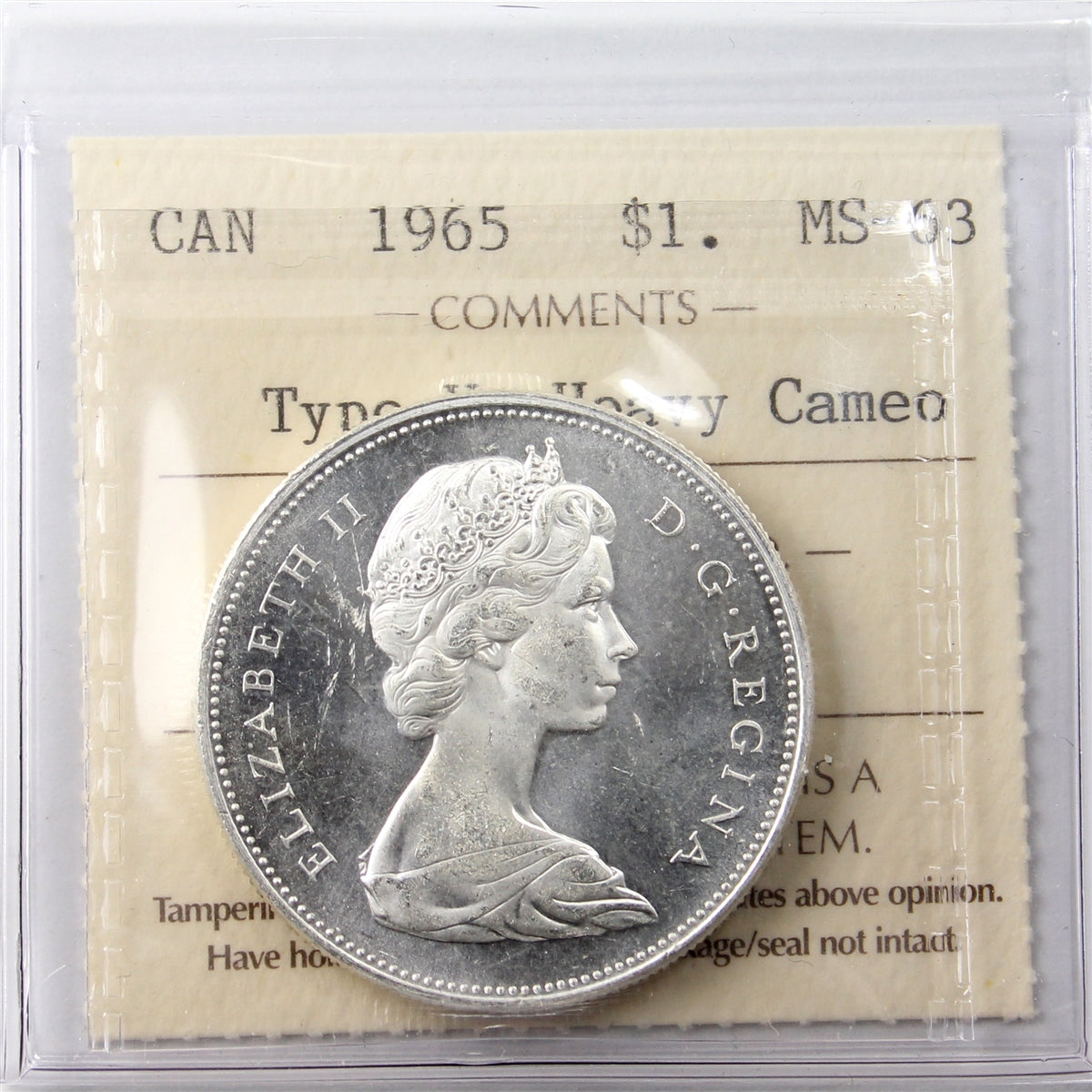1965 Medium Beads Ptd. 5 (Type V) Canada Dollar ICCS Certified MS63 Heavy Cameo
