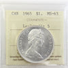 1965 Large Beads Blunt 5 (Type 3) Canada Dollar ICCS Certified MS63