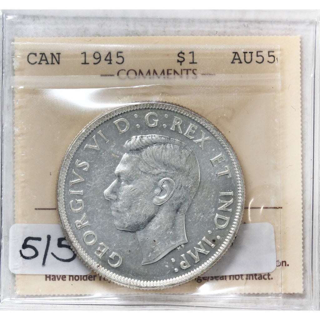 1945 5/5 Canada Dollar ICCS Certified AU55