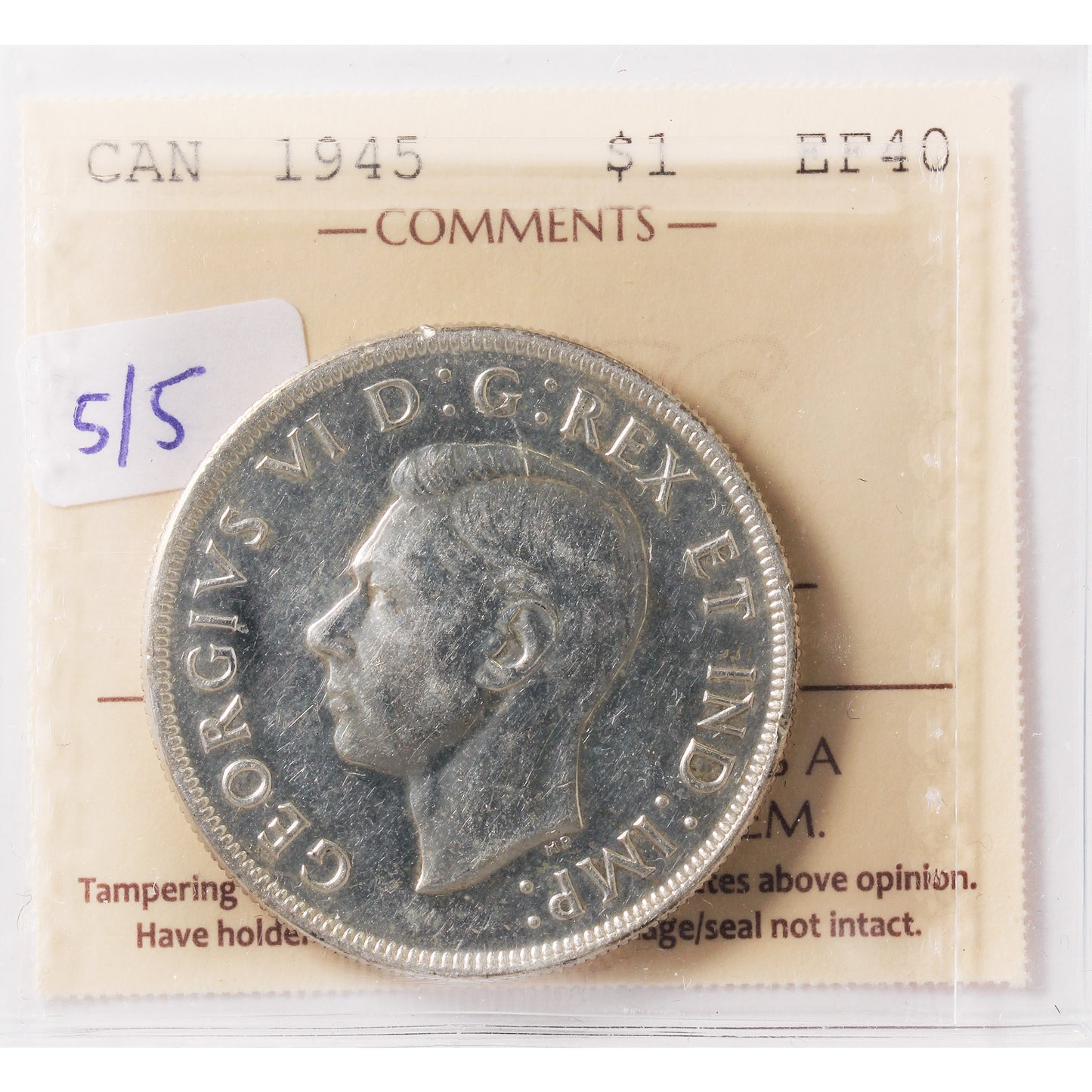 1945 5/5 Canada Dollar ICCS Certified EF40