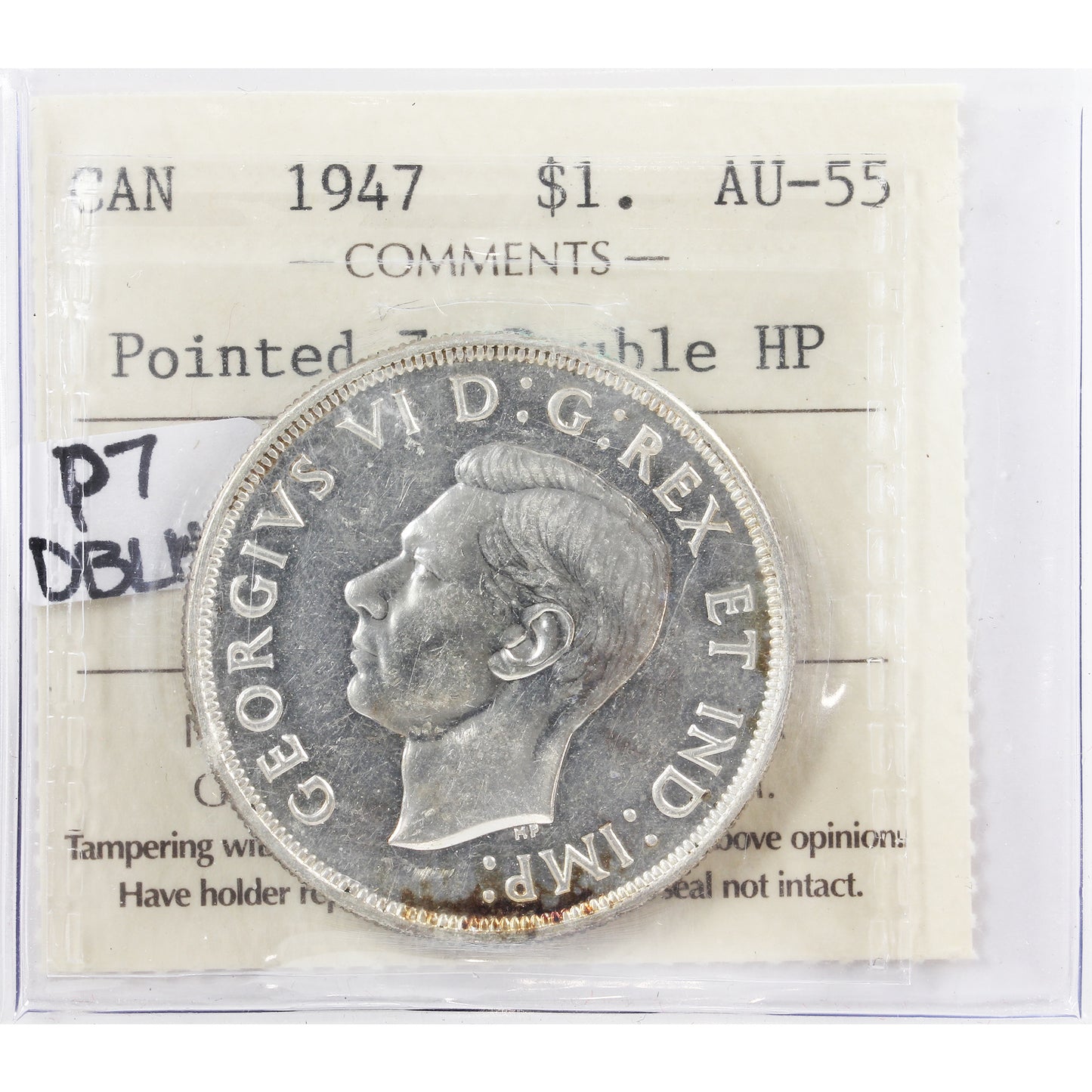 1947 Pointed 7, 2x HP Canada Dollar ICCS Certified AU55