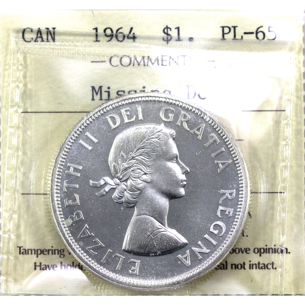 1964 Missing Dot Canada Dollar ICCS Certified PL65