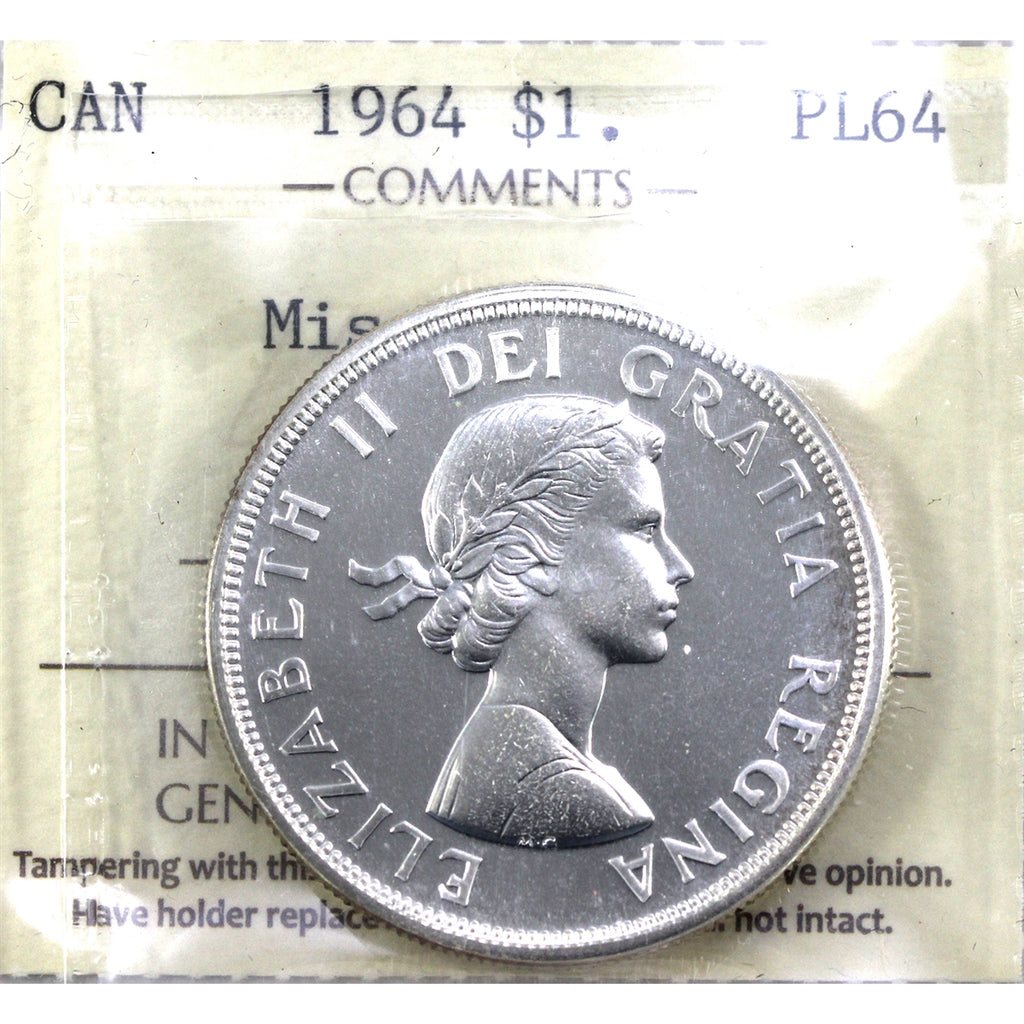 1964 Missing Dot Canada Dollar ICCS Certified PL64