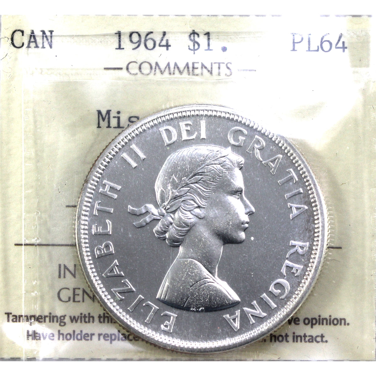 1964 Missing Dot Canada Dollar ICCS Certified PL64