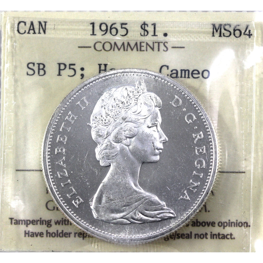 1965 Small Beads Ptd. 5 (Type 1) Canada Dollar ICCS Certified MS64 Heavy Cameo