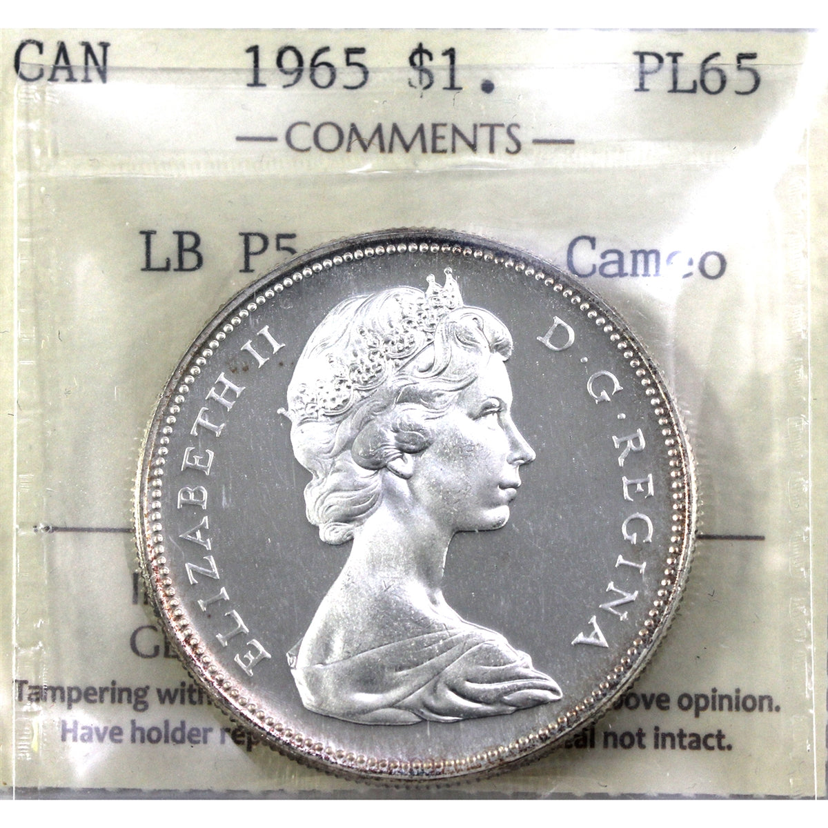 1965 Large Beads Ptd. 5 (Type 4) Canada Dollar ICCS Certified PL65 Heavy Cameo
