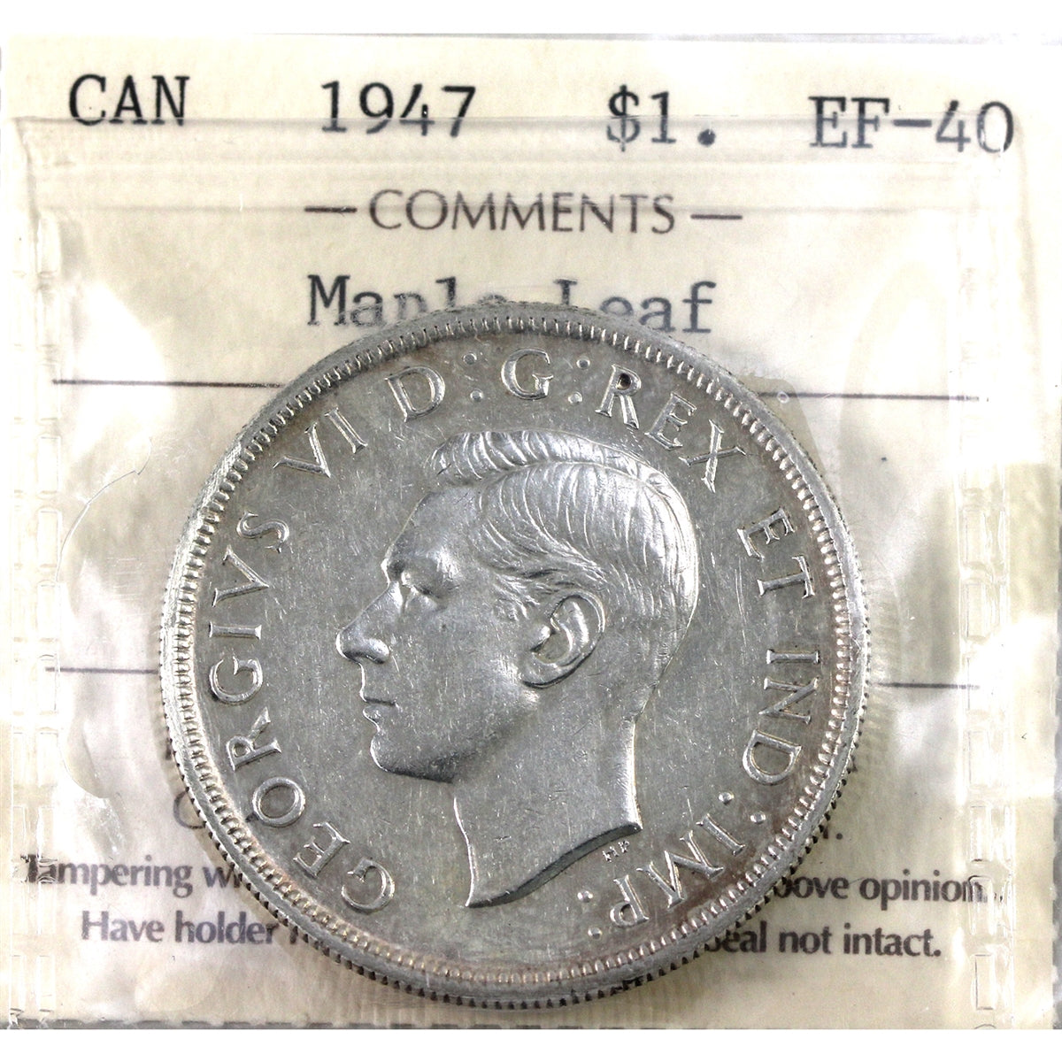 1947 Maple Leaf Canada Dollar ICCS Certified EF40