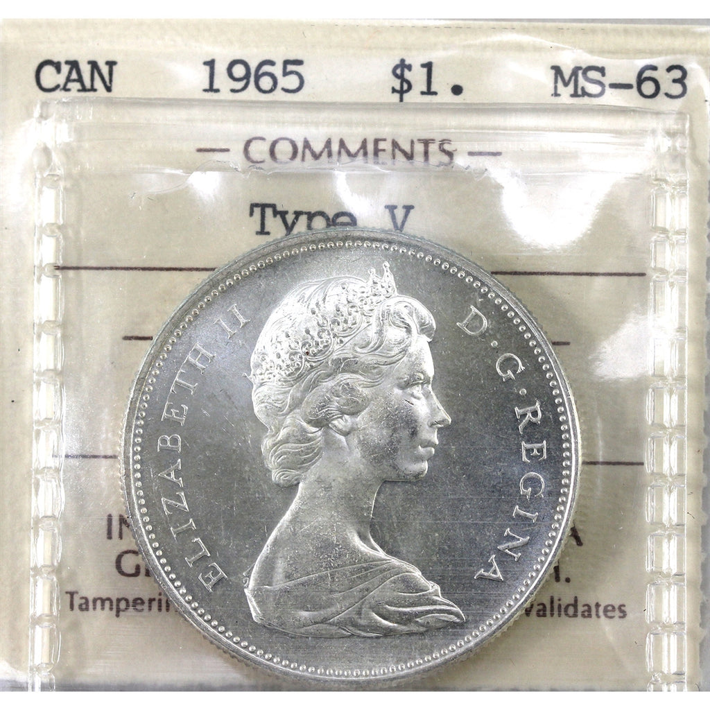 1965 Medium Beads Ptd. 5 (Type V) Canada Dollar ICCS Certified MS63