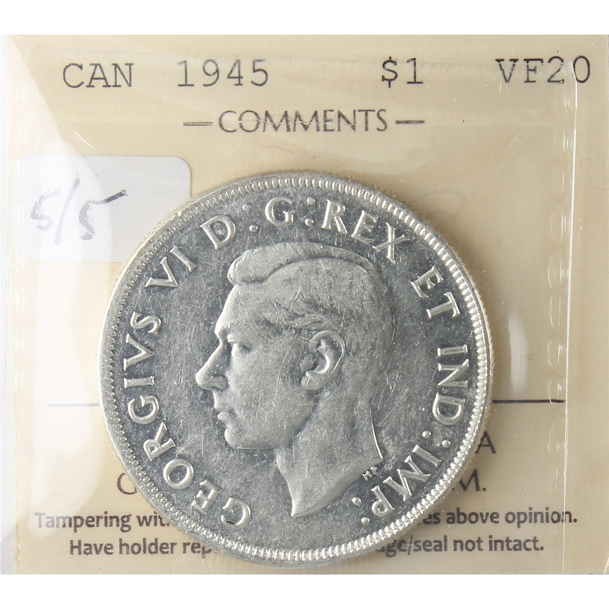 1945 5/5 Canada Dollar ICCS Certiifed VF20