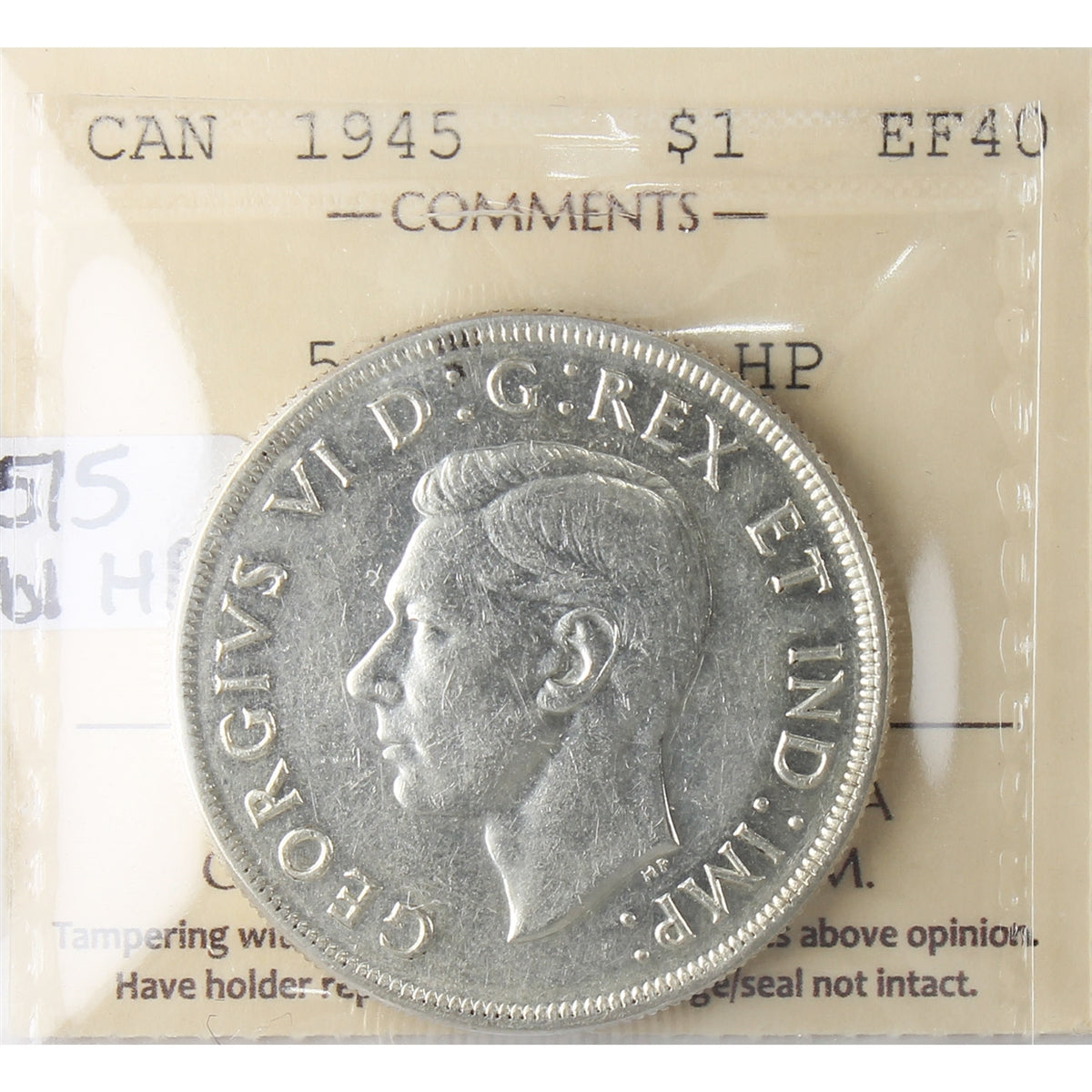 1945 5/5, Dbl. HP Canada Dollar ICCS Certified EF40