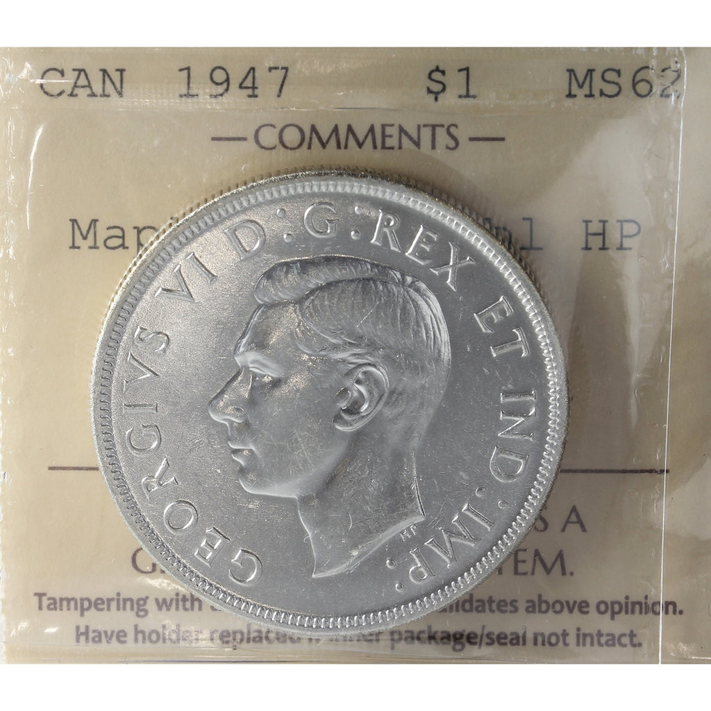 1947 Maple Leaf, Double HP Canada Dollar ICCS Certified MS62 (XHI 075)