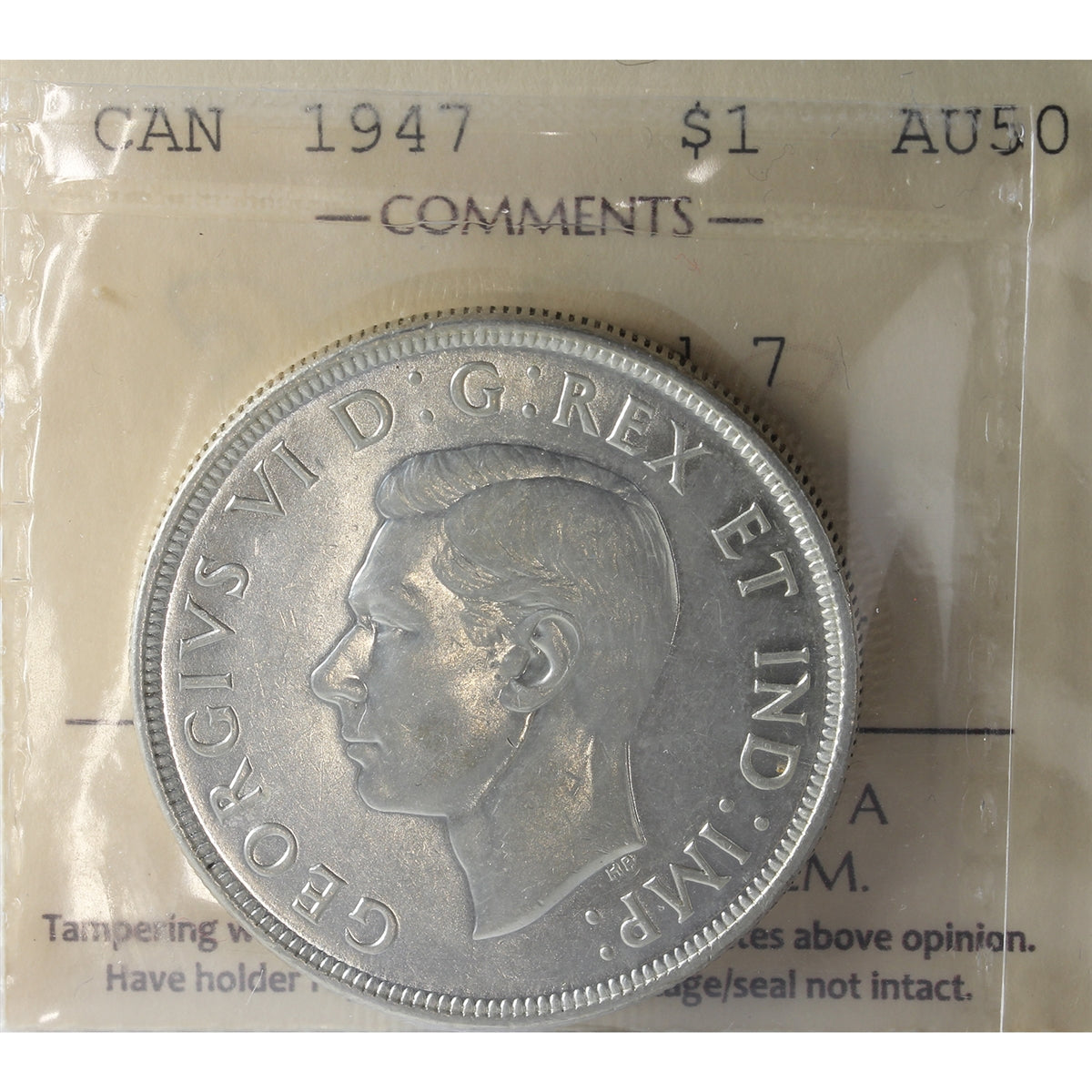 1947 Pointed 7 Canada Dollar ICCS Certified AU50